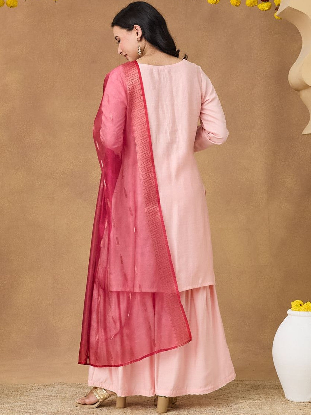 Embroidered Round Neck Kurta & Sharara With Dupatta
