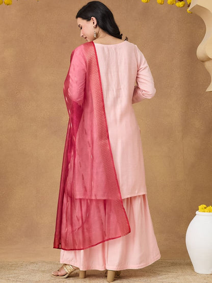 Embroidered Round Neck Kurta & Sharara With Dupatta