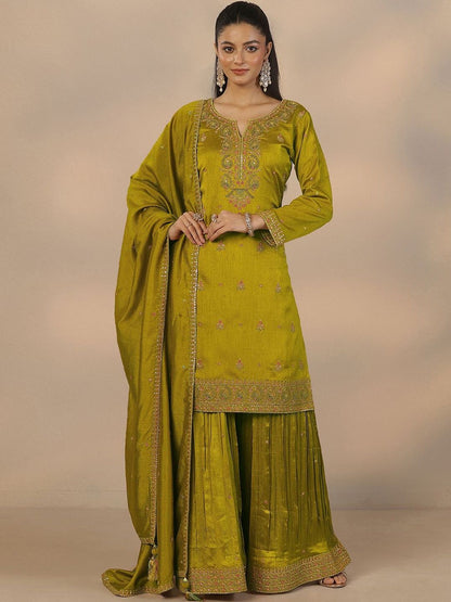 Dhiyona LL Women Ethnic Motifs Embroidered Regular Thread Work Kurta with Sharara & With Dupatta