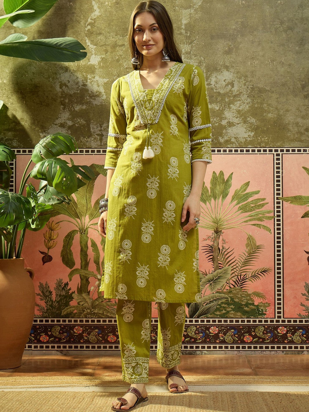 Embroidered Pure Cotton V-Neck Top & Trousers With Dupatta
