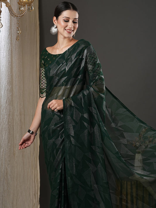 Women's Georgette Green Printed Designer Saree With Blouse Piece