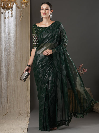 Women's Georgette Green Printed Designer Saree With Blouse Piece
