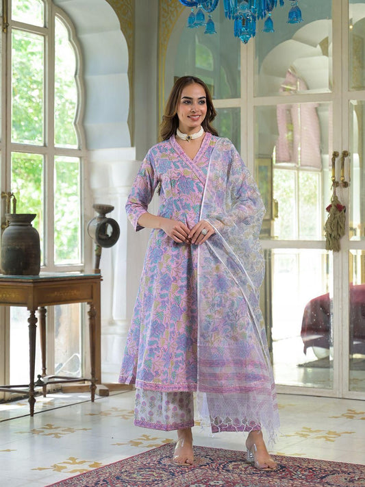Dhiyona KL Women Floral Printed Angrakha Gotta Patti Pure Cotton Kurta with Palazzos & With Dupatta