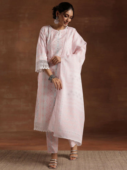 Women's LB Peach Embroidered Cotton Blend Straight Suit With Dupatta