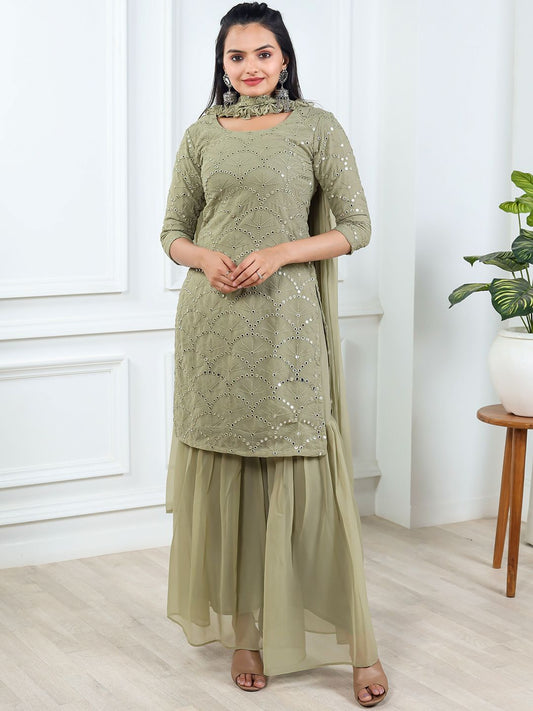 Dhiyona KL Geometric Embroidered Mirror Work Straight Kurta With Sharara & Dupatta
