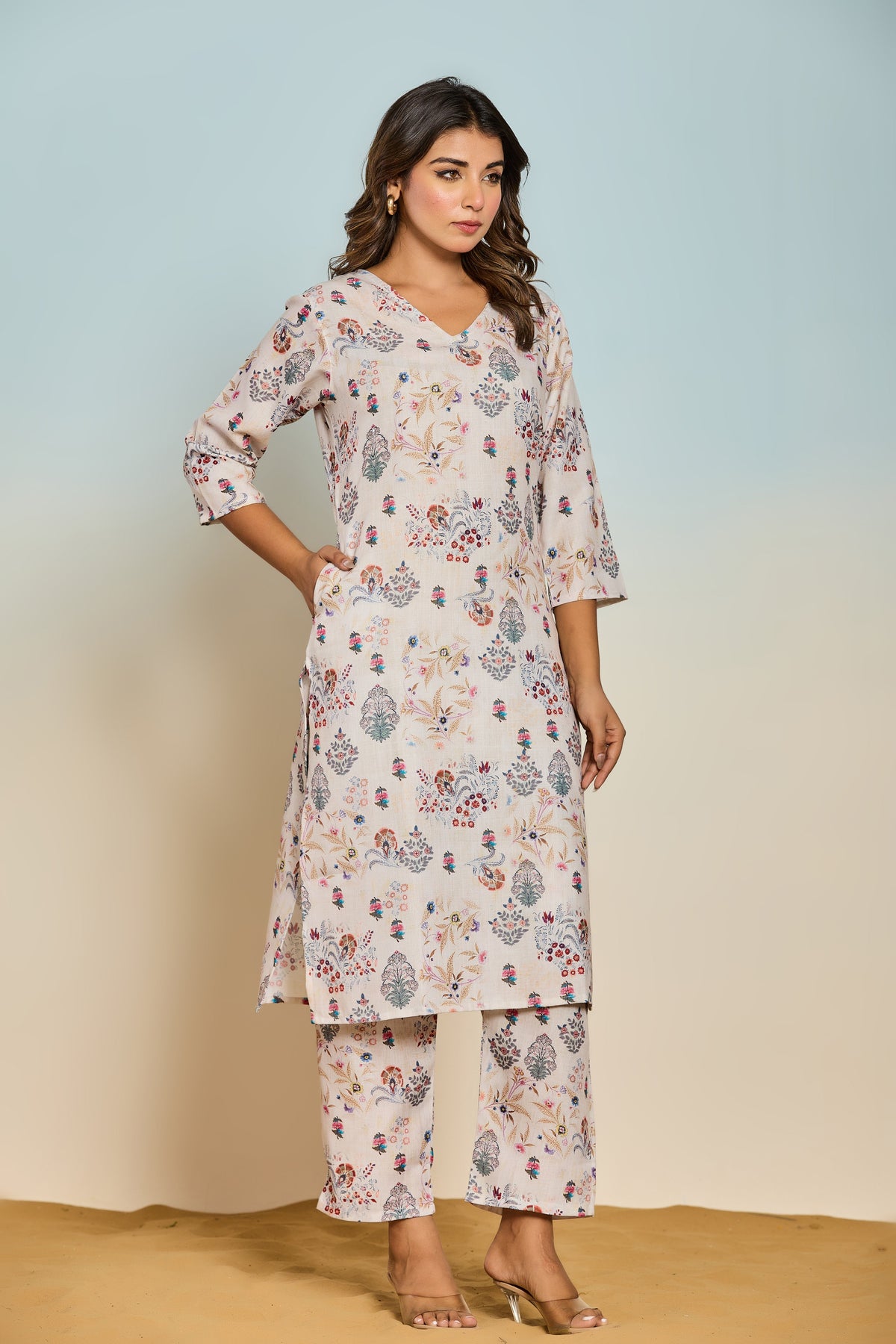 Bindiya Pearl Linen Printed Kurta Pant Set