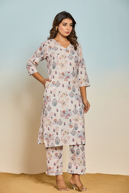 Bindiya Pearl Linen Printed Kurta Pant Set