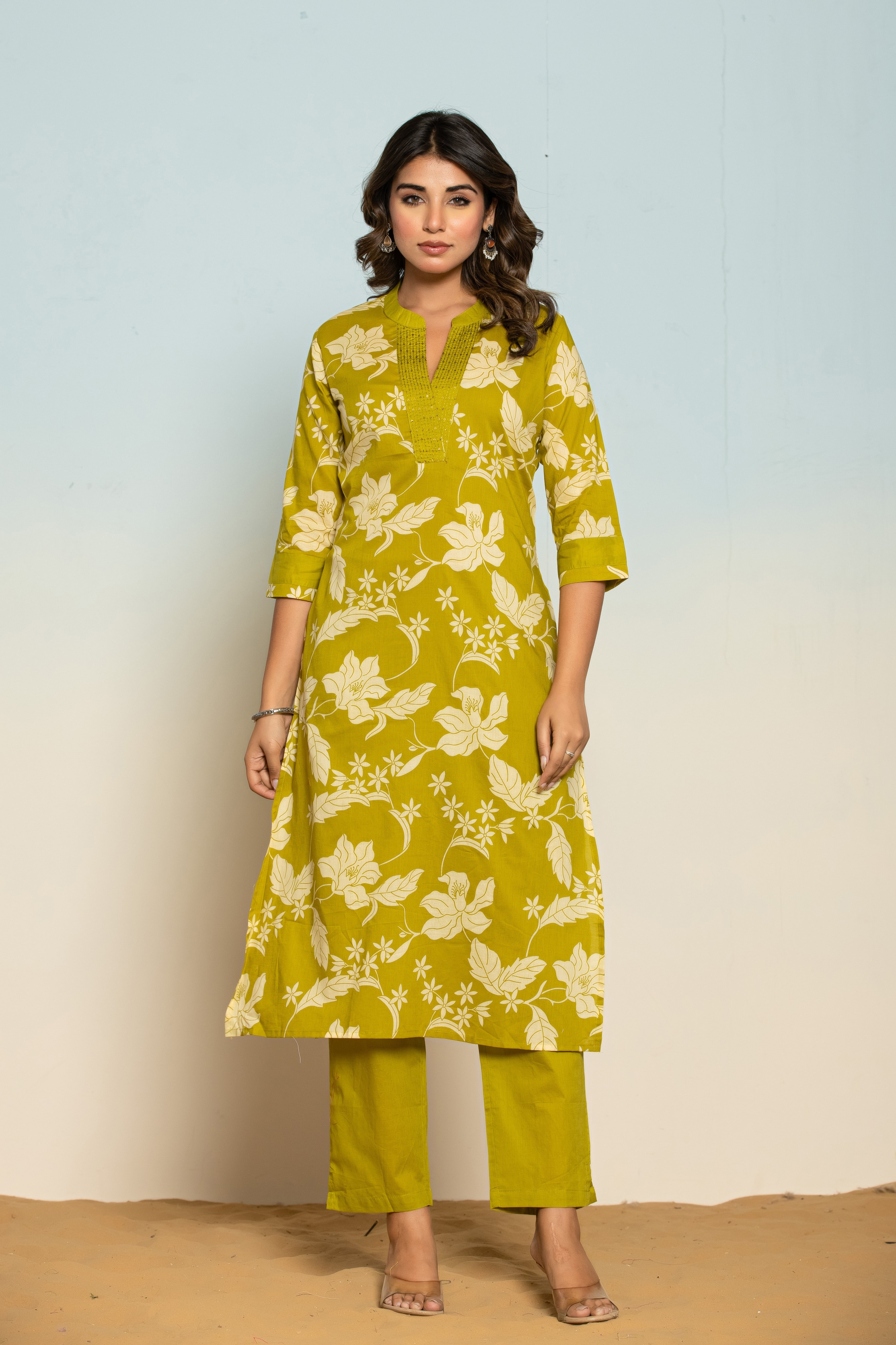 SASHA SLIME PRINTED COTTON KURTA PANT SET