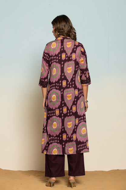 Mika Chestnut Ikat Printed Cotton Kurta Pant Set