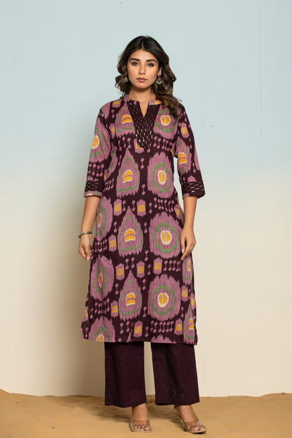 Mika Chestnut Ikat Printed Cotton Kurta Pant Set