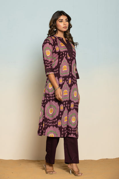 Mika Chestnut Ikat Printed Cotton Kurta Pant Set