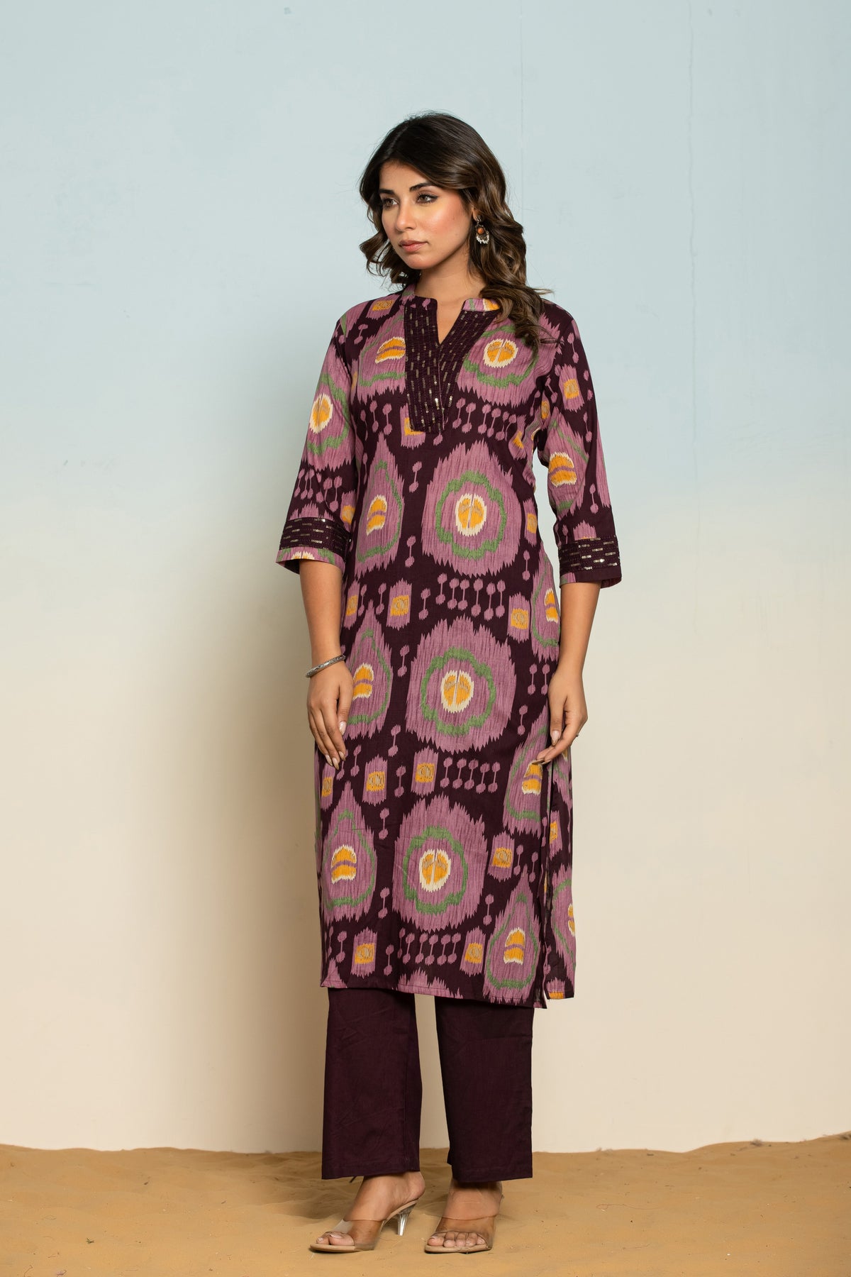 Mika Chestnut Ikat Printed Cotton Kurta Pant Set