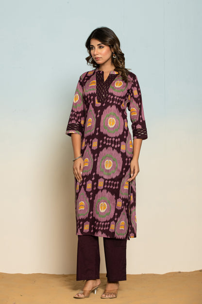 Mika Chestnut Ikat Printed Cotton Kurta Pant Set