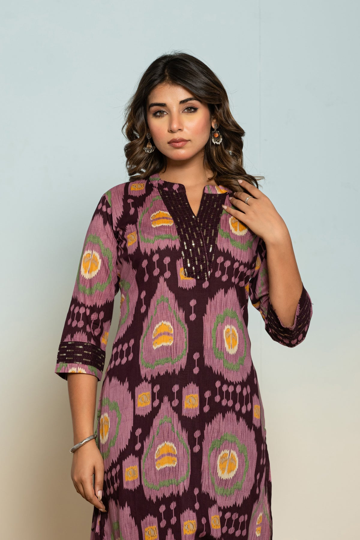 Mika Chestnut Ikat Printed Cotton Kurta Pant Set