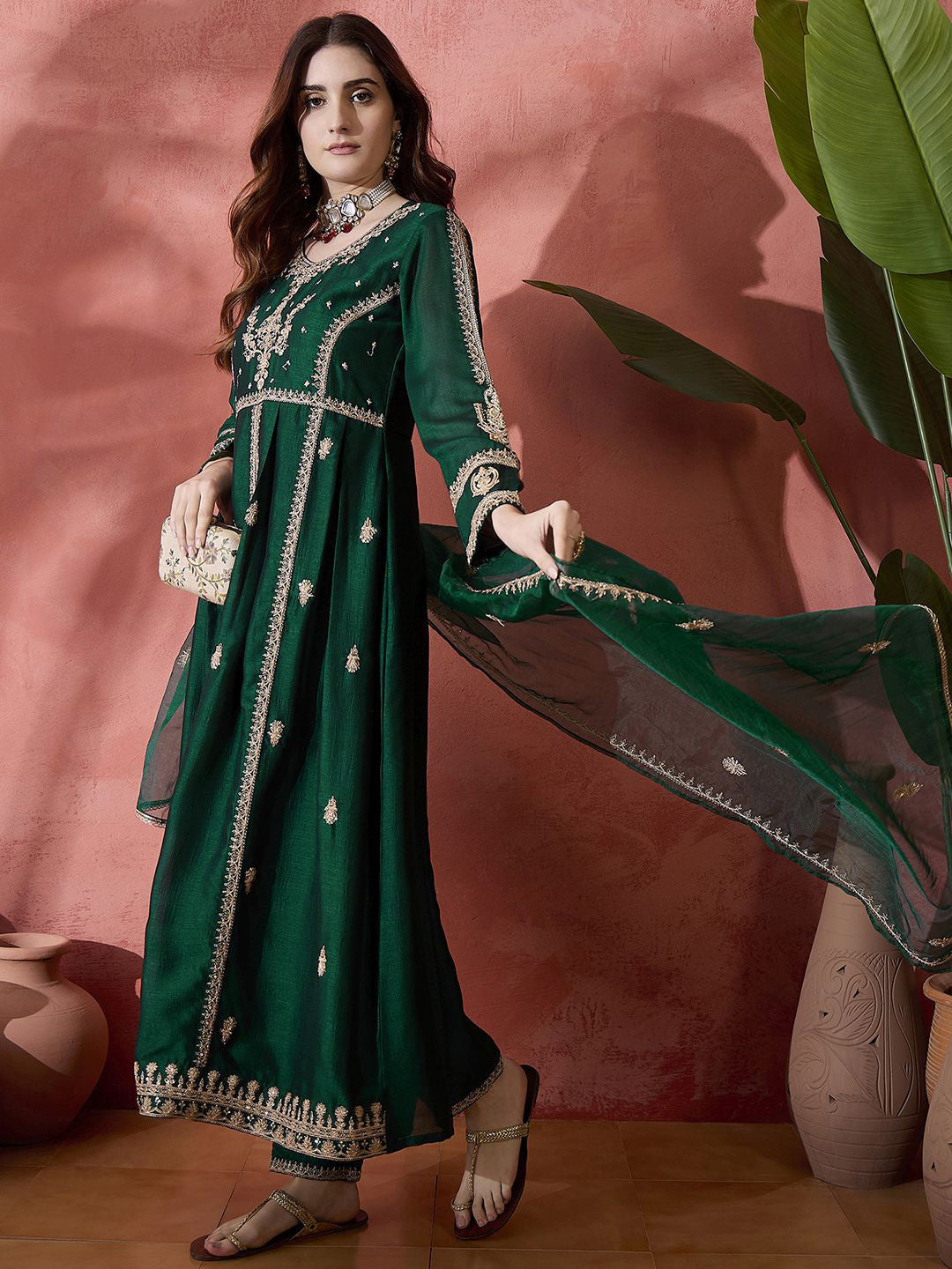 Green Floral Embroidered Panelled Zari A-Line Kurta With Trousers And Dupatta