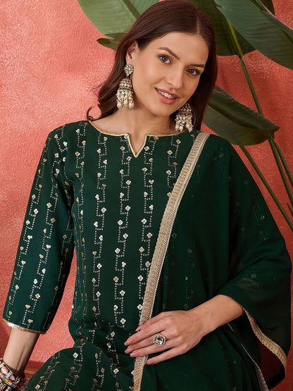 Women Sequinned Embroidered Round Neck Kurta, Sharara With Dupatta