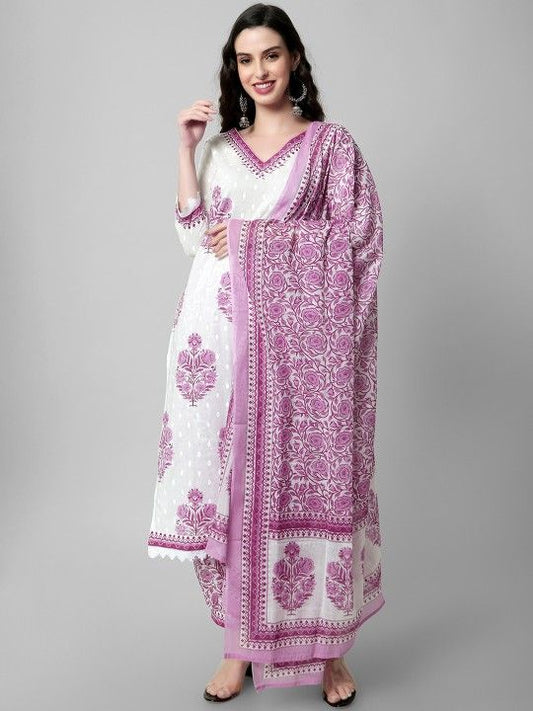 Dhiyona KL Women Floral Printed Regular Pure Cotton Kurta with Salwar & With Dupatta