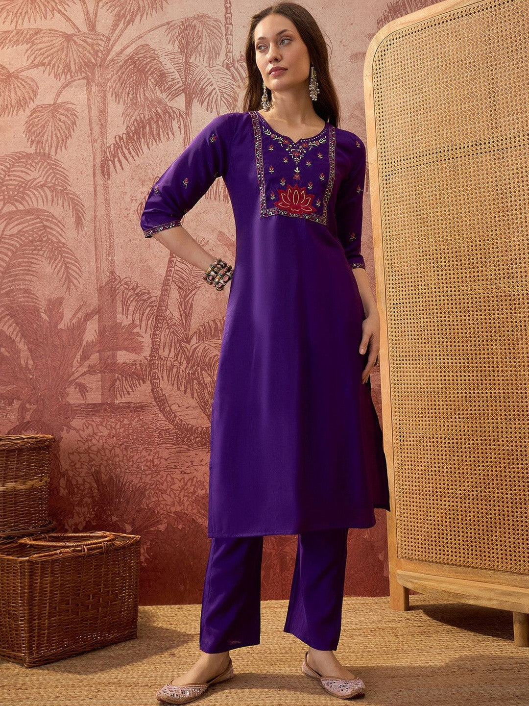 Embroidered Silk Blend Notched Neck Kurta & Trousers With Dupatta