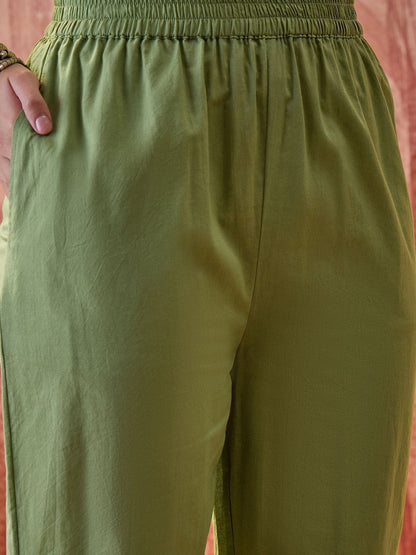 Embroidered Round Neck Kurta & Trousers With Dupatta
