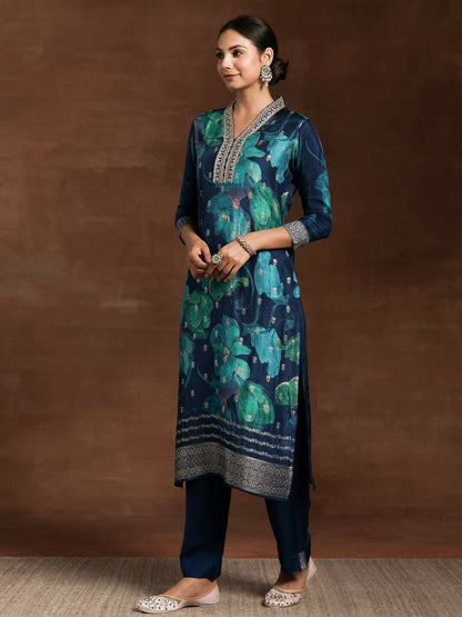 Women's LB Blue Printed Silk Blend Straight Suit With Dupatta