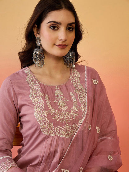 Ethnic Motifs Embroidered Poly Chiffon A-Line Kurta With Trousers And Dupatta