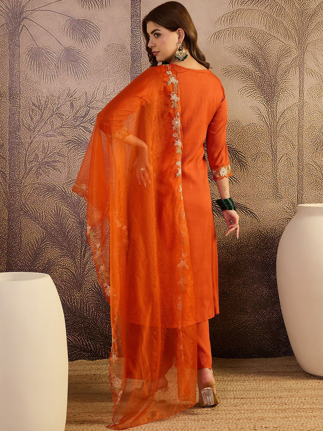 Floral Embroidered Kurta & Trousers with Dupatta Set