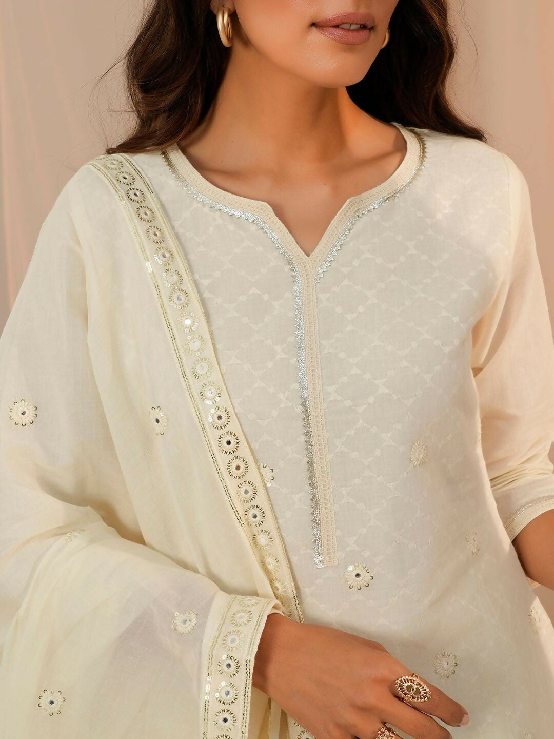 Women's LB Off White Embroidered Cotton Straight Suit With Dupatta