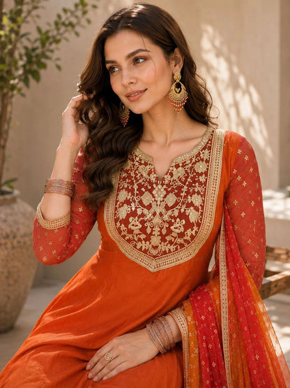 Women Ethnic Motifs Embroidered Regular Kurta with Palazzos & With Dupatta