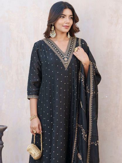 Dhiyona PD Women Bandhani Printed V-Neck Panelled Anarkali Kurta With Trouser & Dupatta