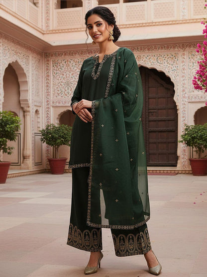 Dhiyona KL Ethnic Motifs Embroidered Notched Neck Straight Kurti with Palazzos & With Dupatta