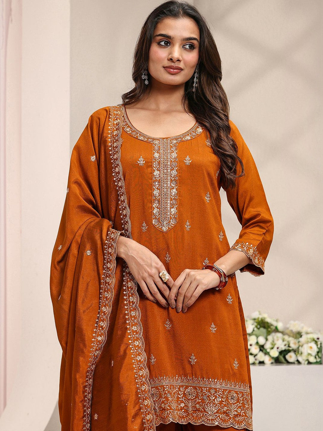 Rust Embroidered Straight Suit Set with Dupatta