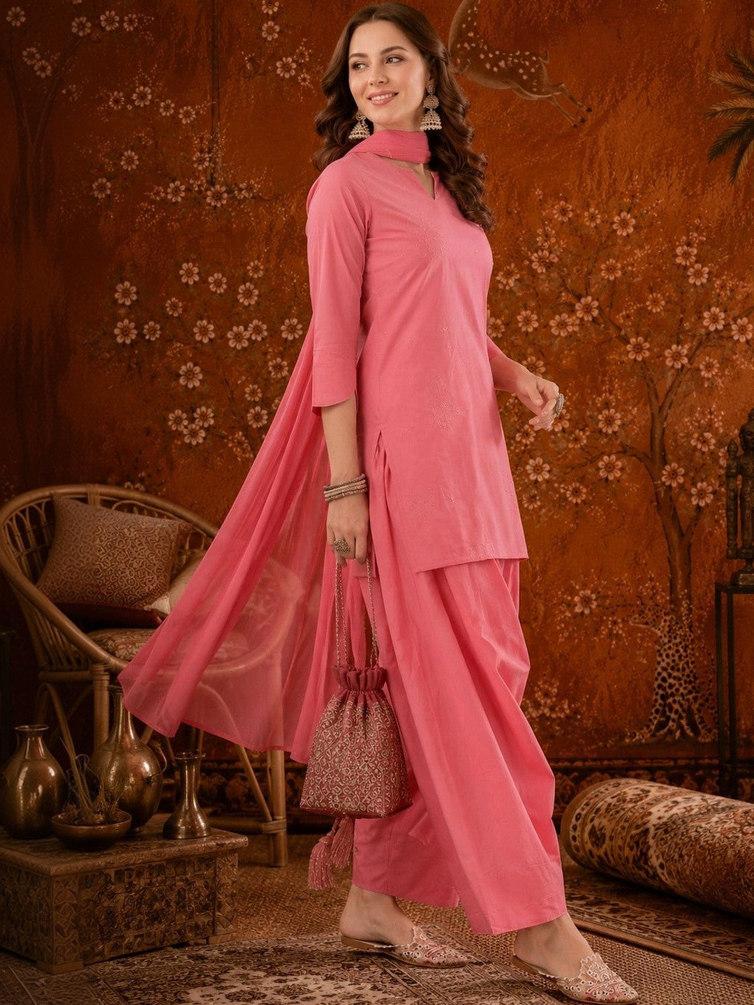 Women Ethnic Motifs Embroidered Regular Thread Work Pure Cotton Farshi Salwar Suit Set