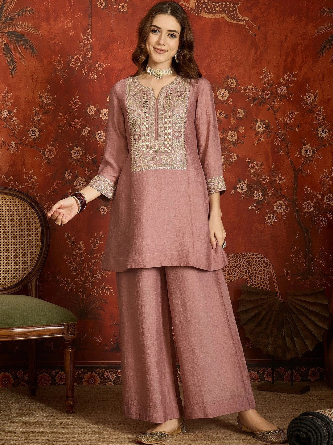 Women Ethnic Motifs Embroidered Regular Thread Work Pure Silk Kurta with Palazzos & With Dupatta