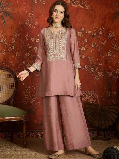 Women Ethnic Motifs Embroidered Regular Thread Work Pure Silk Kurta with Palazzos & With Dupatta