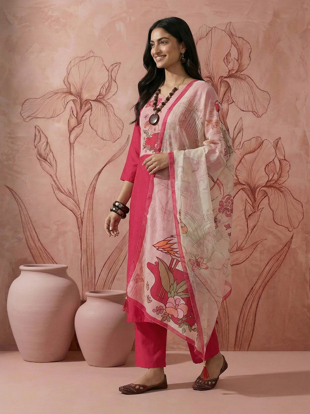 Beads & Stones Embroidered Regular Pure Cotton Kurta with Trouser & Dupatta
