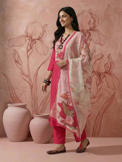 Beads & Stones Embroidered Regular Pure Cotton Kurta with Trouser & Dupatta