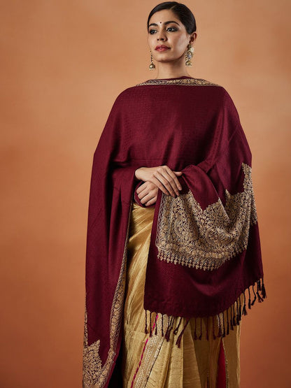 Dhiyona PA Ethnic Motifs Embroidered Fringed Shawl