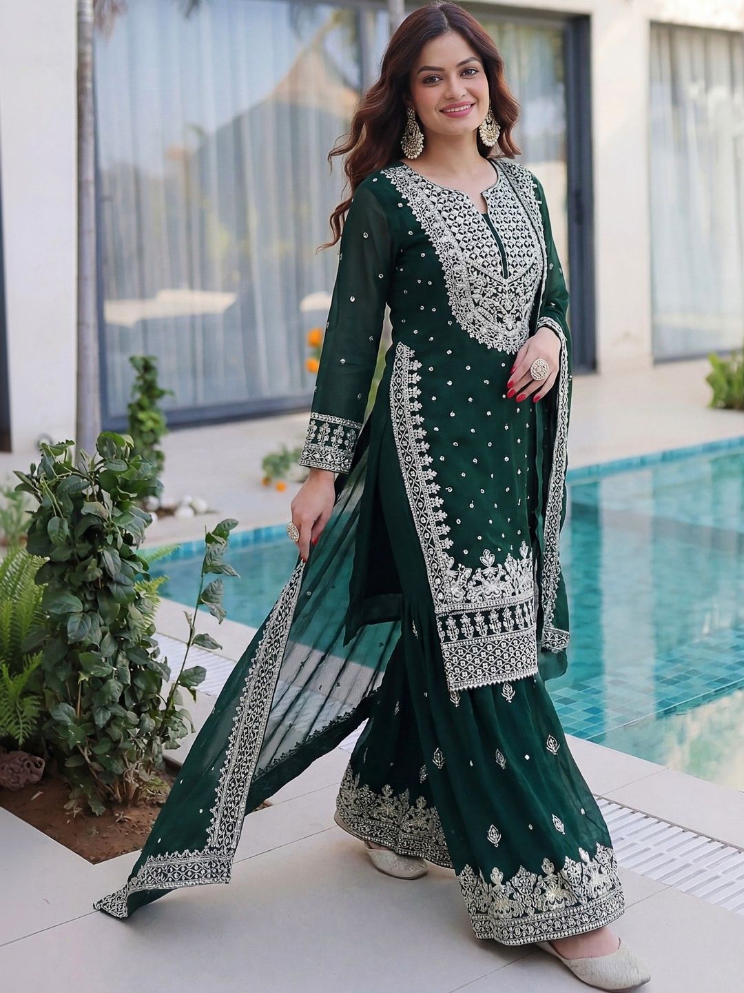 Dhiyona SN Embroidered Round Neck Straight Kurta & Sharara With Dupatta
