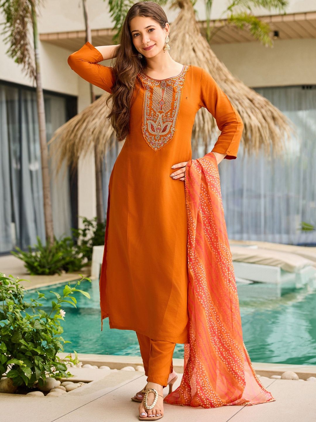Dhiyona KL Women Orange Ethnic Motifs Embroidered Viscose Rayon Kurta With Trouser & Dupatta