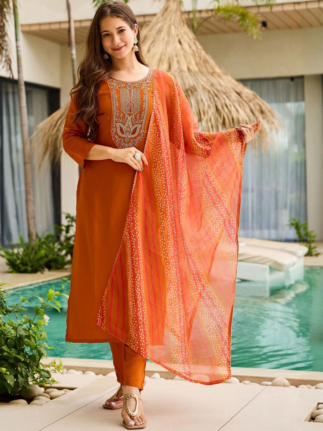Dhiyona KL Women Orange Ethnic Motifs Embroidered Viscose Rayon Kurta With Trouser & Dupatta