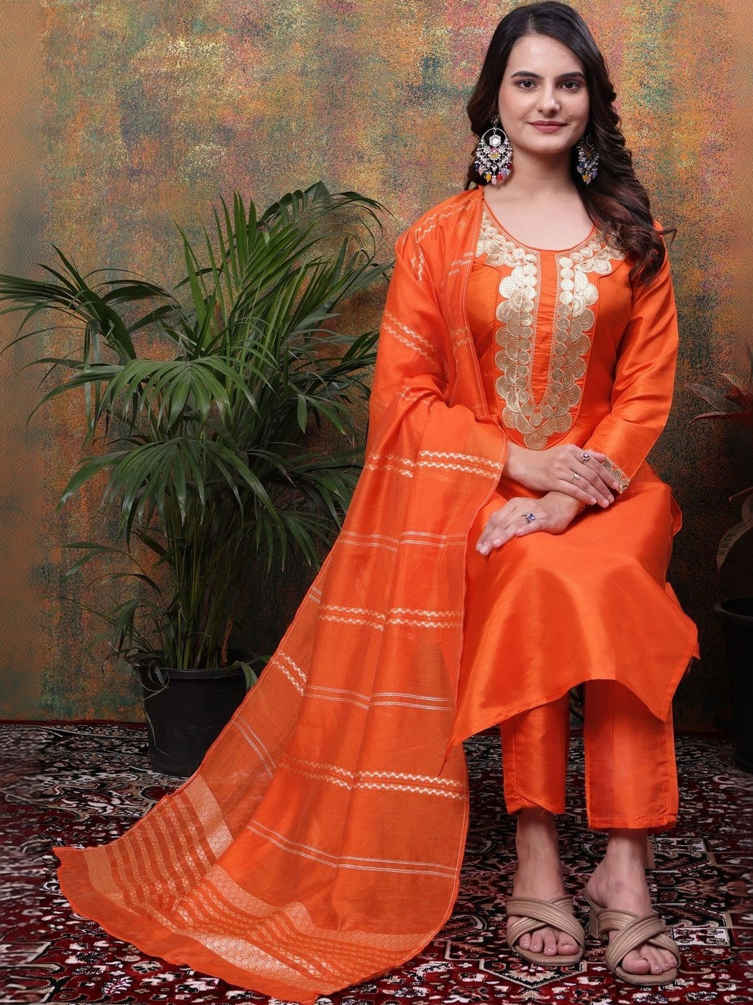 Women Embroidered Regular Sequinned Kurta with Trousers & With Dupatta
