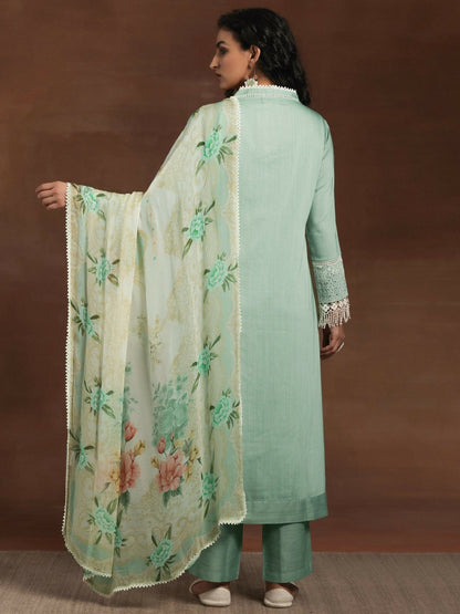 Women's LB Green Embroidered Silk Blend Straight Suit With Dupatta