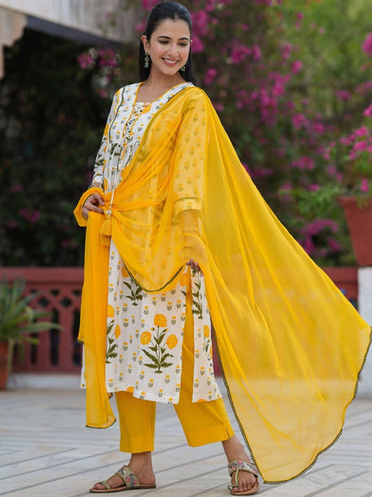 Dhiyona RR Women's Floral Printed Regular Pure Cotton Kurta & Trousers With Dupatta