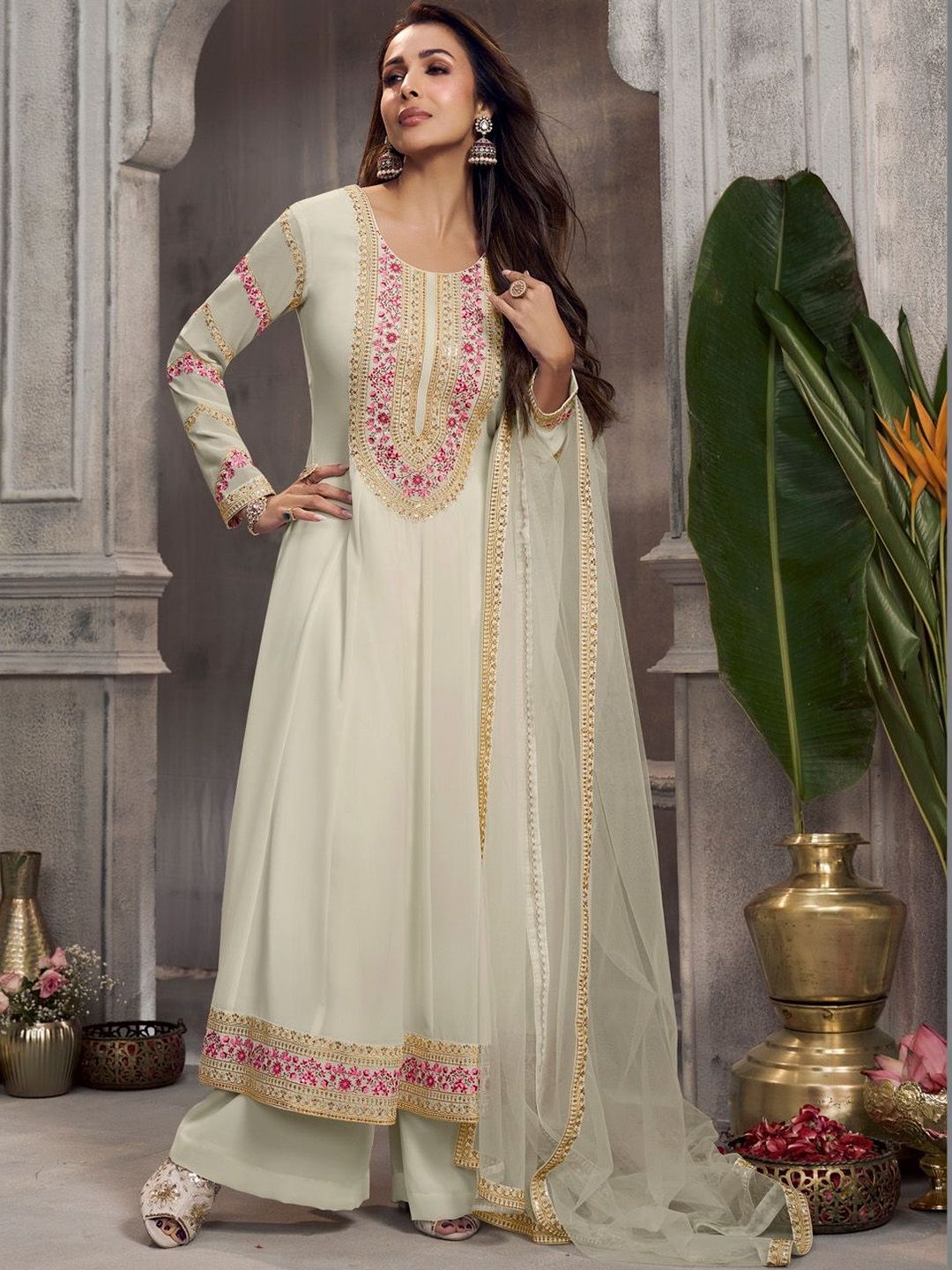 Dhiyona IN Women Ethnic Motifs Embroidered Panelled Thread Work Kurta with Palazzos & With Dupatta