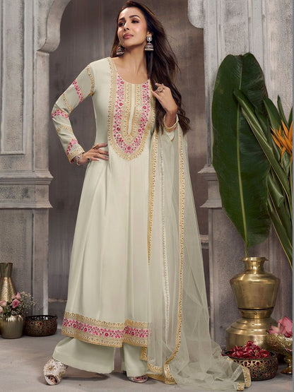 Dhiyona IN Women Ethnic Motifs Embroidered Panelled Thread Work Kurta with Palazzos & With Dupatta