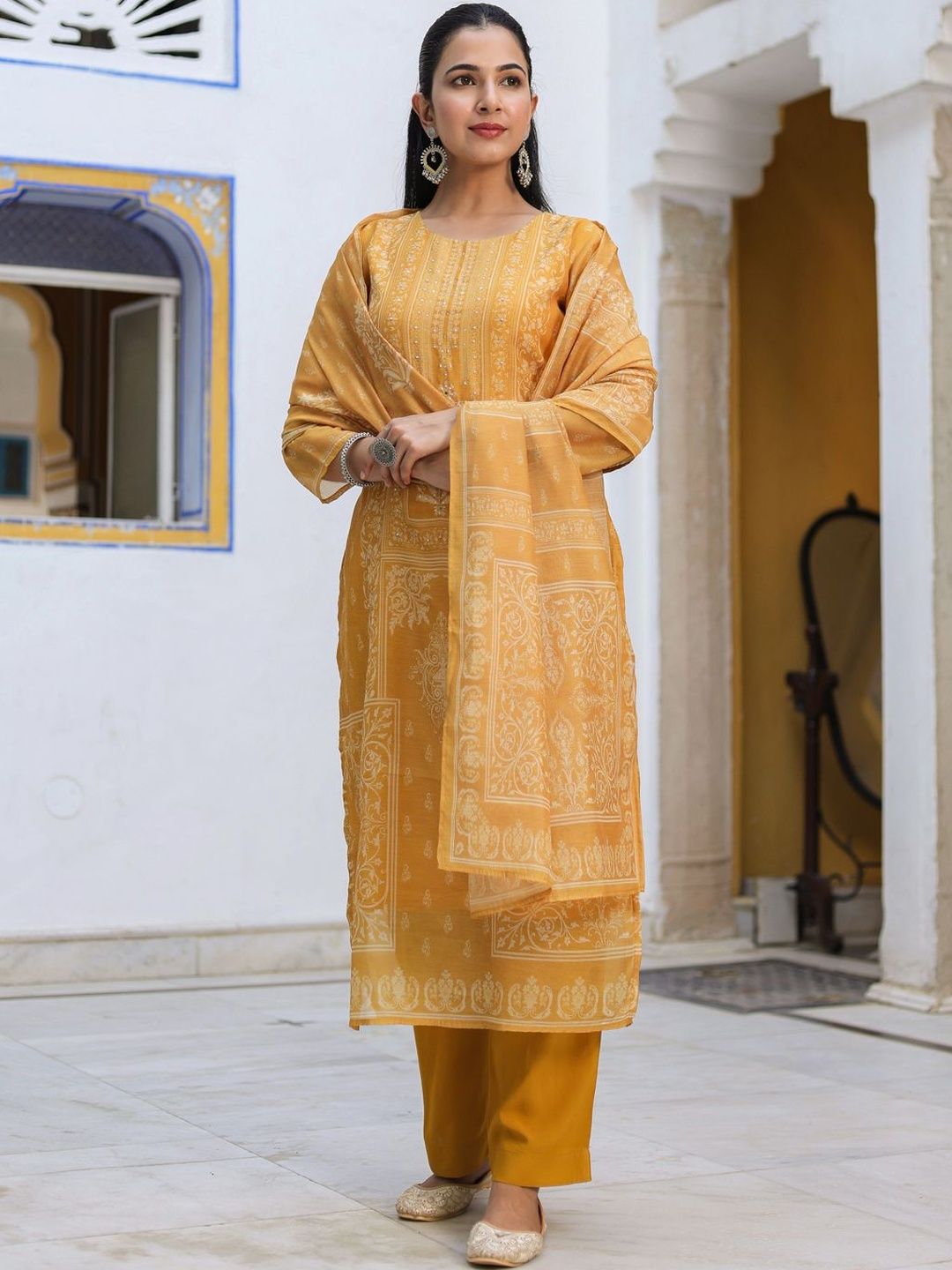 Dhiyona RR Women's Ethnic Motifs Printed Chanderi Cotton Kurta With Trousers & Dupatta