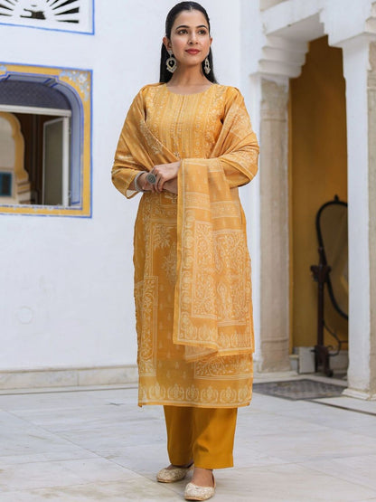 Dhiyona RR Women's Ethnic Motifs Printed Chanderi Cotton Kurta With Trousers & Dupatta
