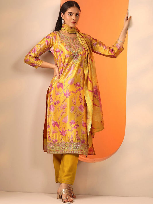 Women Floral Printed Regular Mirror Work Kurta with Trousers & With Dupatta