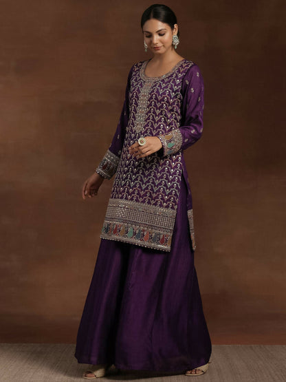 Women's LB Adaa Purple Embroidered Silk Blend Straight Kurta With Palazzos & Dupatta