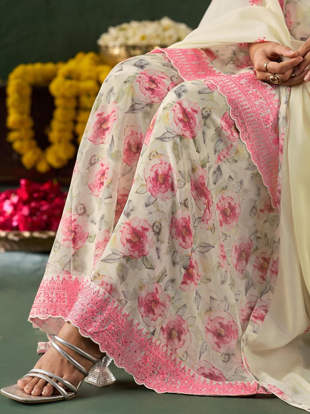 Dhiyona KL Women Floral Embroidered Thread Work Kurta with Sharara & Dupatta